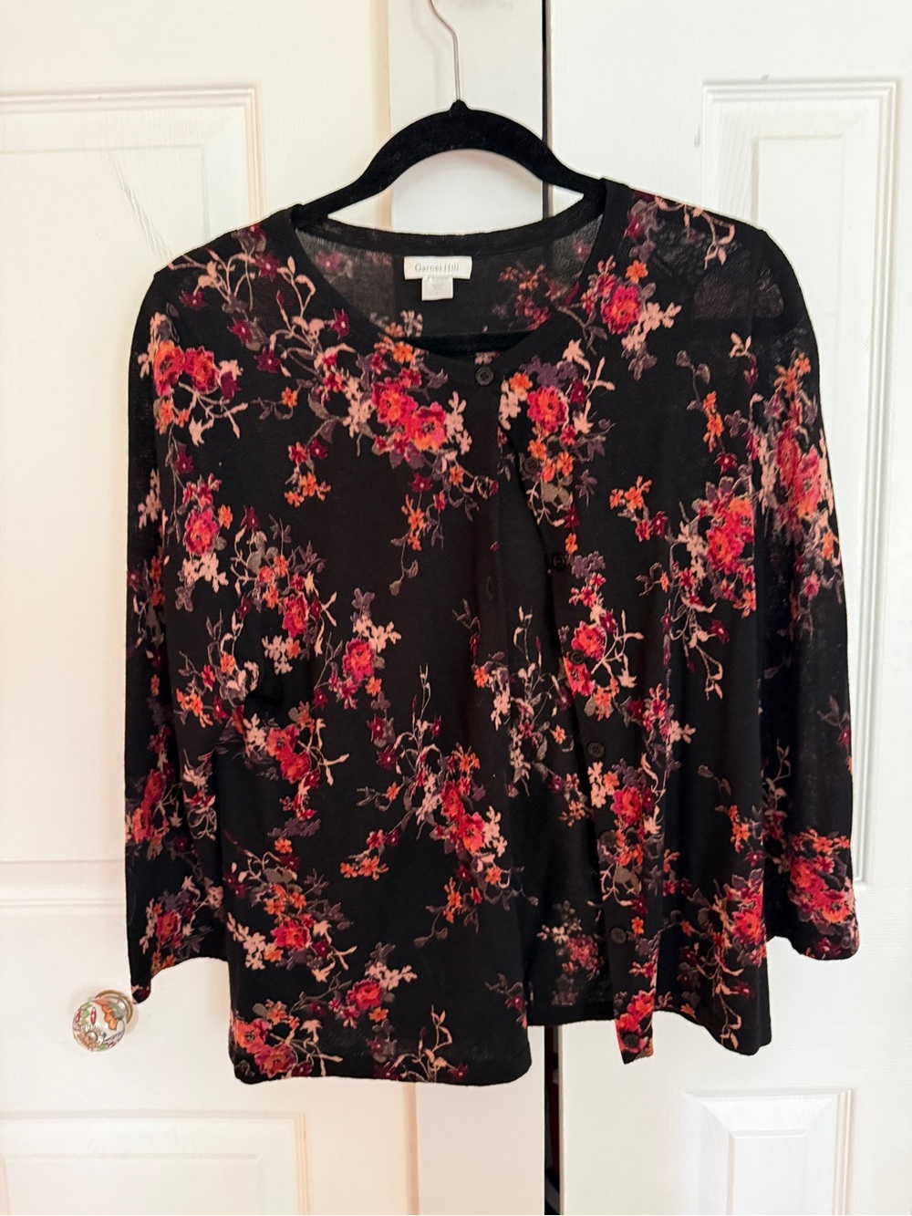 Garnet Hill Black Floral Button-Front Cardigan